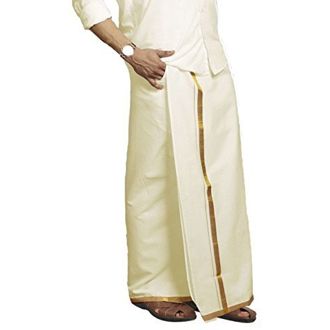 Prakasam Cotton Men's Fine Quality Welcro Pocket Jari Cotton Double Dhoti (34)