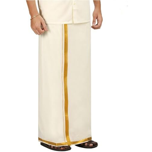Prakasam Cotton Men's Fine Quality Welcro Pocket Jari Cotton Double Dhoti (34)