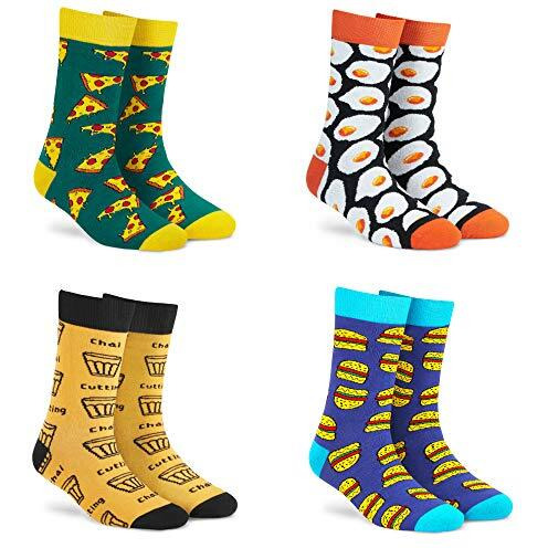 Dynamocks Men's And Women's Combed Cotton Crew Length Socks (Pack Of 4) (Pizza + Burgers + Sunny Side Up + Cutting Chai, Multicolour, Free Size)