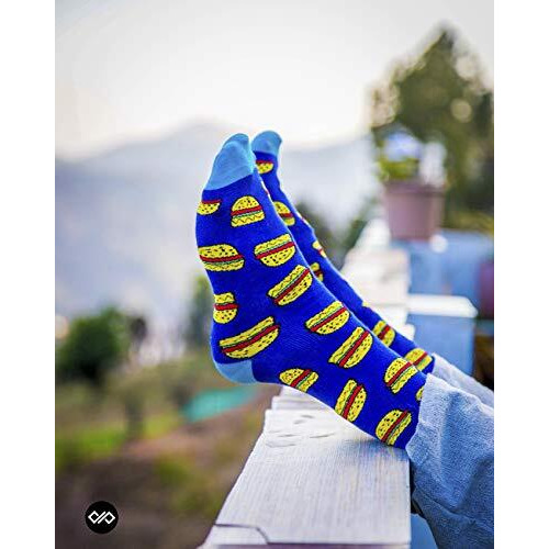 Dynamocks Men's And Women's Combed Cotton Crew Length Socks (Pack Of 4) (Pizza + Burgers + Sunny Side Up + Cutting Chai, Multicolour, Free Size)