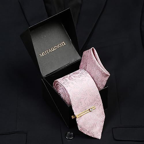 Mutaqinoti Mens Pale Pink Paisley Micro Silk Necktie Set Incl Pocket Square Golden Tiepin American Style Formal Tie Gift Set For Men (Tegp-P)