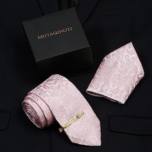 Mutaqinoti Mens Pale Pink Paisley Micro Silk Necktie Set Incl Pocket Square Golden Tiepin American Style Formal Tie Gift Set For Men (Tegp-P)