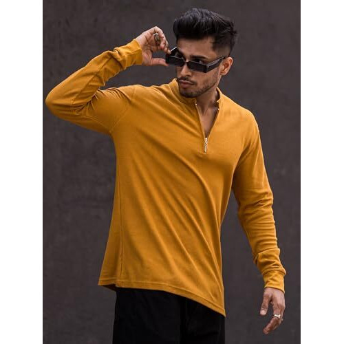 Maniac Mens High Neck Solid Full Sleeve Mustard Cotton Slim Fit T-Shirt