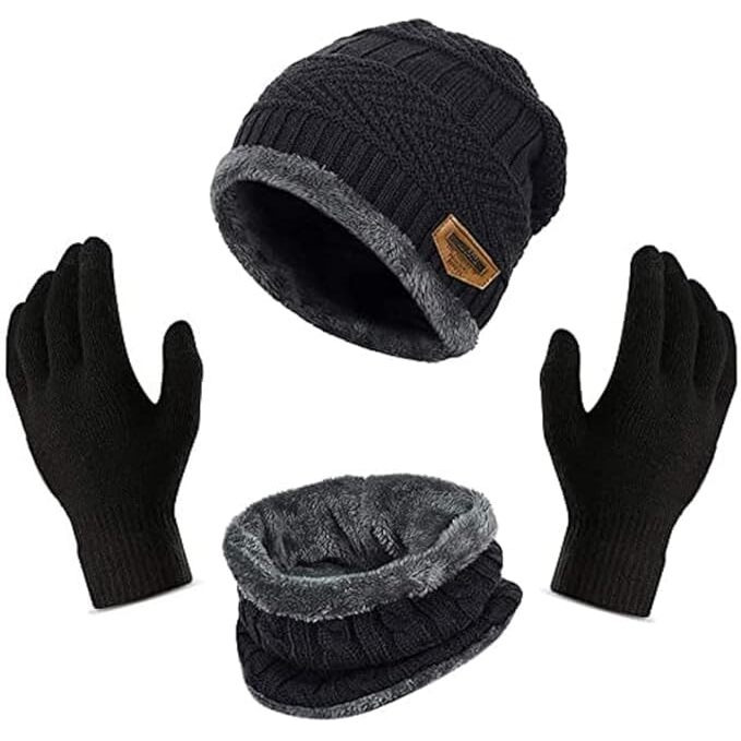 Ff Unisex Winter Knit Beanie Cap Hat Neck Warmer Scarf With Woolen Gloves Set - Winterwear Combo Set Of Woolen Cap Scarf & Gloves, Free Size, Black