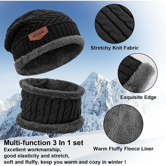 Ff Unisex Winter Knit Beanie Cap Hat Neck Warmer Scarf With Woolen Gloves Set - Winterwear Combo Set Of Woolen Cap Scarf & Gloves, Free Size, Black