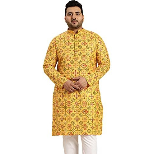 Sojanya Plus (Since 1958) Men's Cotton Linen Yellow And Multi Printed Only Long Kurta