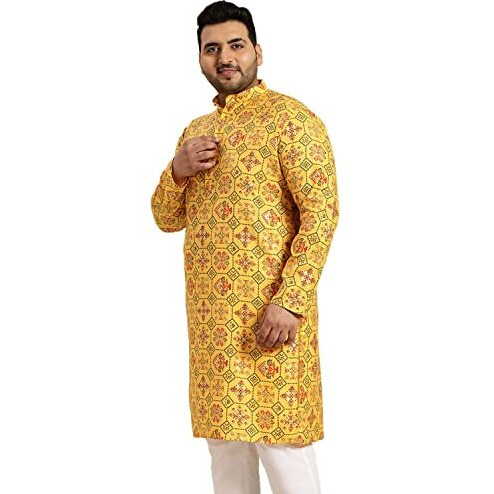 Sojanya Plus (Since 1958) Men's Cotton Linen Yellow And Multi Printed Only Long Kurta