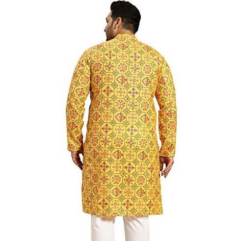 Sojanya Plus (Since 1958) Men's Cotton Linen Yellow And Multi Printed Only Long Kurta