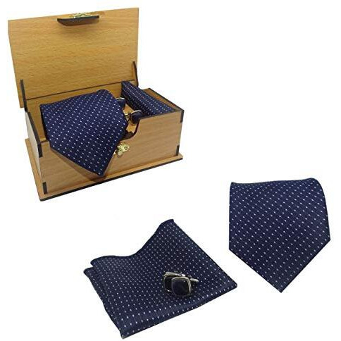 Luxeis Men Premium Cotton Silk Neck Tie And Pocket Square With Cufflink Combo Gift Set In Wooden Box(Navy Blue, Free Size)