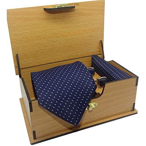 Luxeis Men Premium Cotton Silk Neck Tie And Pocket Square With Cufflink Combo Gift Set In Wooden Box(Navy Blue, Free Size)