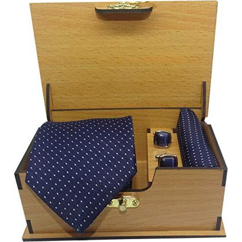 Luxeis Men Premium Cotton Silk Neck Tie And Pocket Square With Cufflink Combo Gift Set In Wooden Box(Navy Blue, Free Size)