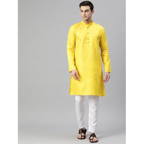 Luxrio Men's Polycotton Geometric Relaxed Kurta Yellow Gold