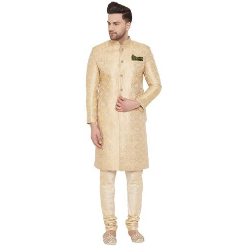 Vastramay Men's Gold Beige Silk Blend Sherwani Set - Brocade Sherwani And Pyjama Set