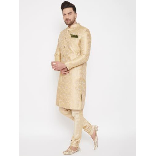 Vastramay Men's Gold Beige Silk Blend Sherwani Set - Brocade Sherwani And Pyjama Set
