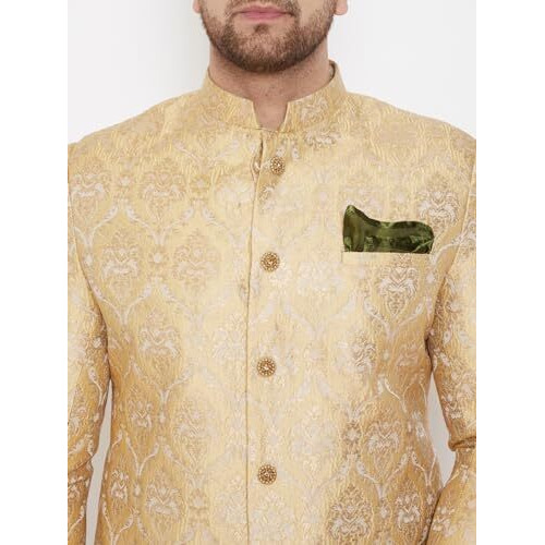 Vastramay Men's Gold Beige Silk Blend Sherwani Set - Brocade Sherwani And Pyjama Set