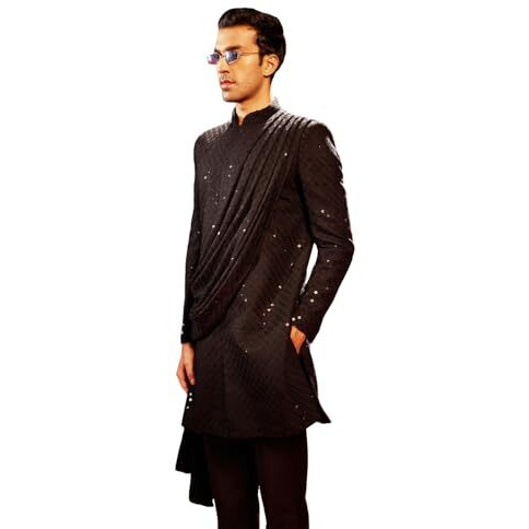 Vastramay Men's Black Silk Blend Sherwani Set_Vasmiw001Blnprg_42