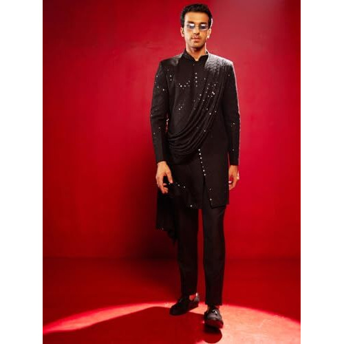 Vastramay Men's Black Silk Blend Sherwani Set_Vasmiw001Blnprg_42
