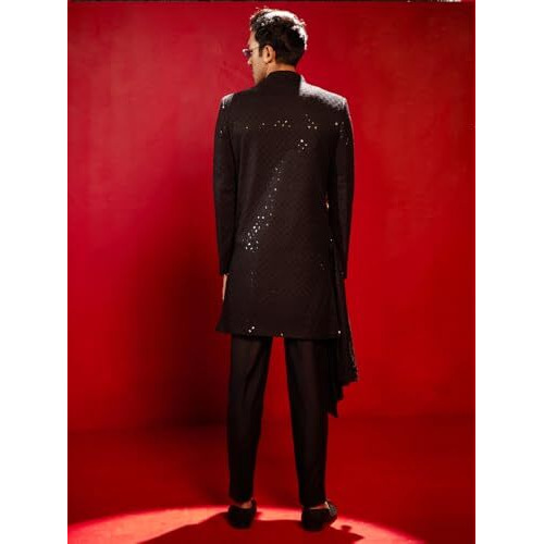 Vastramay Men's Black Silk Blend Sherwani Set_Vasmiw001Blnprg_42