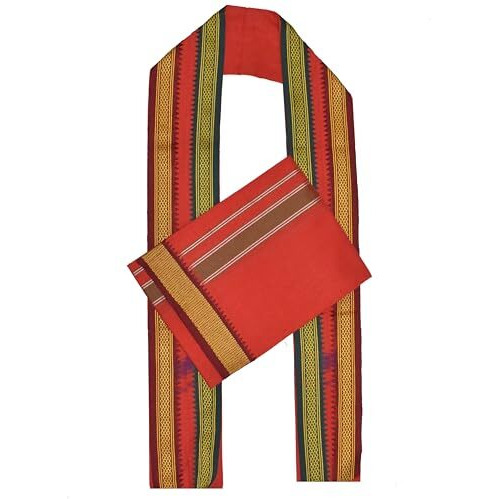 Tuni Mani Padayappa Border Men's Cotton Temple Wear Dhoti (Dhoti With Towel, Red)