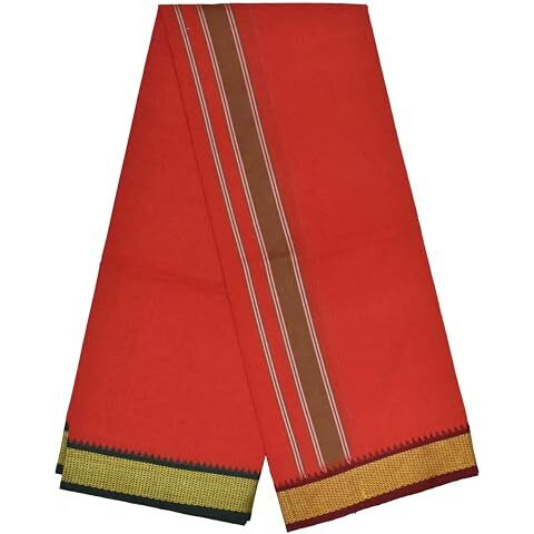 Tuni Mani Padayappa Border Men's Cotton Temple Wear Dhoti (Dhoti With Towel, Red)