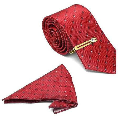 Mutaqinoti Mens Red Silk Blend Necktie Set Incl Pocket Square Golden Tiepin American Style Formal Tie Gift Set For Men (Tegpfr07)