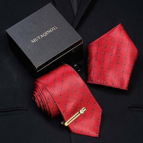 Mutaqinoti Mens Red Silk Blend Necktie Set Incl Pocket Square Golden Tiepin American Style Formal Tie Gift Set For Men (Tegpfr07)