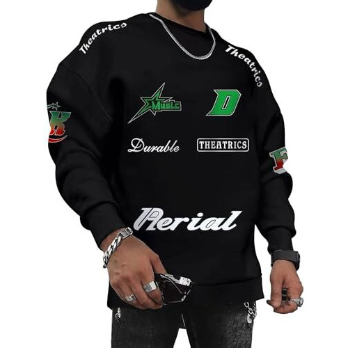 Jump Cuts Black Cotton/Polyester Printed Long Sleeve Crew Neck T-Shirt For Men, Size Xl