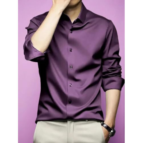 More N More Trendz Men's Regular Fit Stylish Solid Satin Casual Shirt For Men Full Sleeve (In, Alpha, M, Regular, Purple)