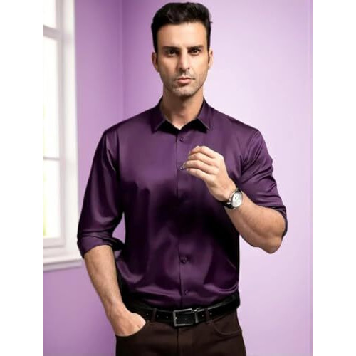 More N More Trendz Men's Regular Fit Stylish Solid Satin Casual Shirt For Men Full Sleeve (In, Alpha, M, Regular, Purple)