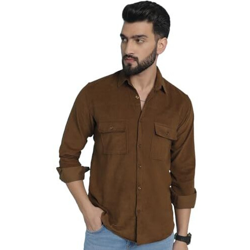 Indian Needle Men's Brown Standard Corduroy Cotton Shirt (Brown, L)