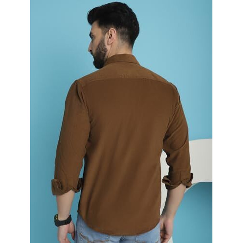 Indian Needle Men's Brown Standard Corduroy Cotton Shirt (Brown, L)