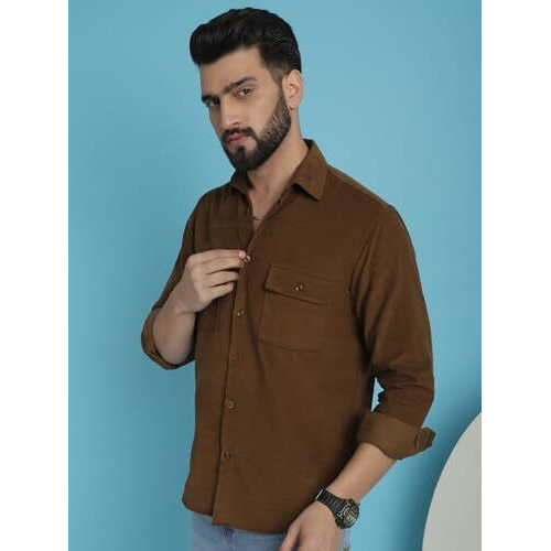 Indian Needle Men's Brown Standard Corduroy Cotton Shirt (Brown, L)
