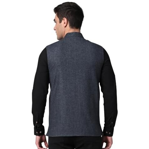 Vastraa Fusion Men's Grey & Red Chequered Woolen Blended Festive Nehru Jacket/Waistcoat (Vastraavs4405D-46)