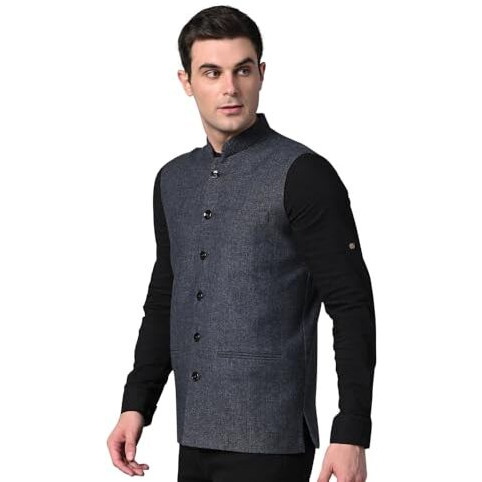 Vastraa Fusion Men's Grey & Red Chequered Woolen Blended Festive Nehru Jacket/Waistcoat (Vastraavs4405D-46)