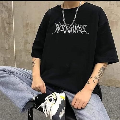 Thalasi Pure 100% Cotton Back Anime Printed Oversized Tshirt For Men - Black Stylish Half Sleeve Oversize Round Neck Baggy Men T-Shirts - Down Shoulder Baggy Loose Black T Shirts For Men & Boys