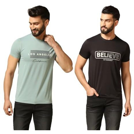 Tagdo Men Textured Printed Half Sleeve Round Neck Tshirt Pack Of 2 (Men-Combo-5162-Mnt-5163-Blk-L)