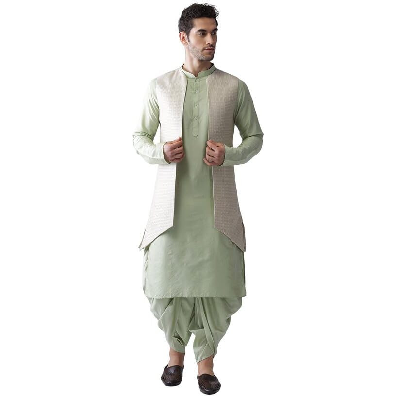 Kisah Mens Kurta Jacket Dhoti Set, Silk Blend Jacquard Mandarin Collar Long Sleeves, Beige Ethnic Wear Set For Men, 40