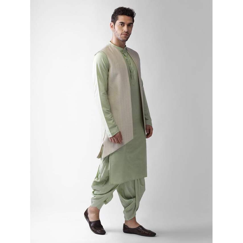 Kisah Mens Kurta Jacket Dhoti Set, Silk Blend Jacquard Mandarin Collar Long Sleeves, Beige Ethnic Wear Set For Men, 40