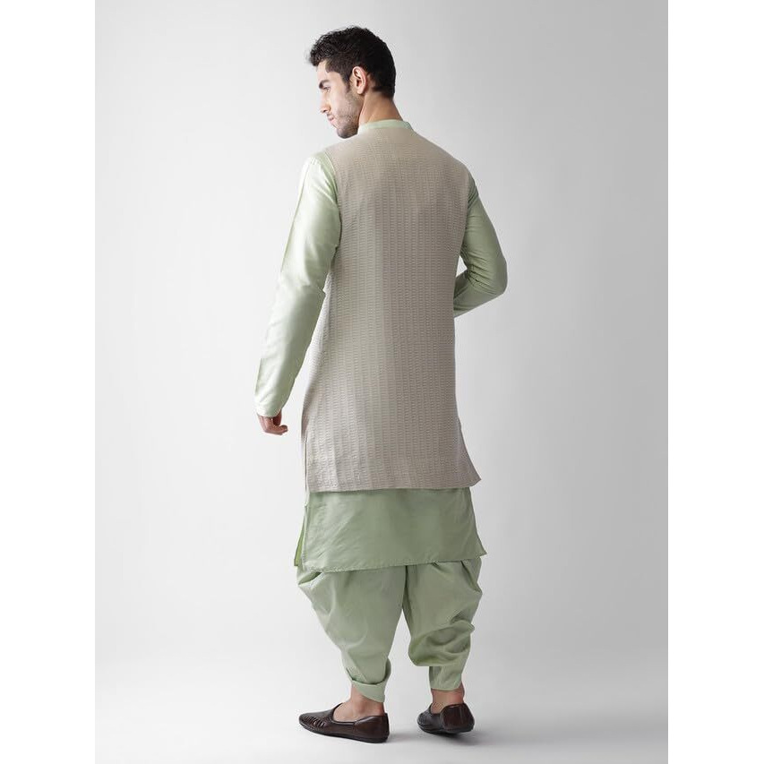 Kisah Mens Kurta Jacket Dhoti Set, Silk Blend Jacquard Mandarin Collar Long Sleeves, Beige Ethnic Wear Set For Men, 40