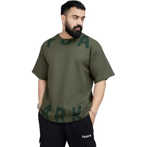Fuaark Mens Refined Half Sleeve Cotton Oversized Fit Printed Dropshoulder T-Shirt (Olive, Xl)
