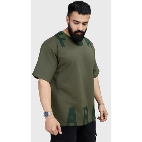 Fuaark Mens Refined Half Sleeve Cotton Oversized Fit Printed Dropshoulder T-Shirt (Olive, Xl)