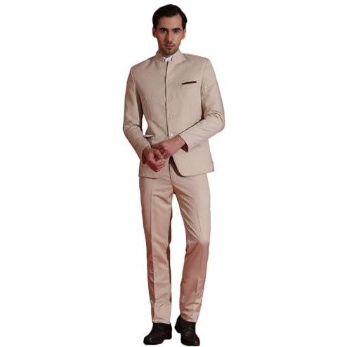 Tahvo Men's 2-Piece Suit Set | Self Designed Regular Fit Bandhgala Blazer With Trouser For Men | Jodhpuri Suit For Formal Events & Weddings (Beige - 36)