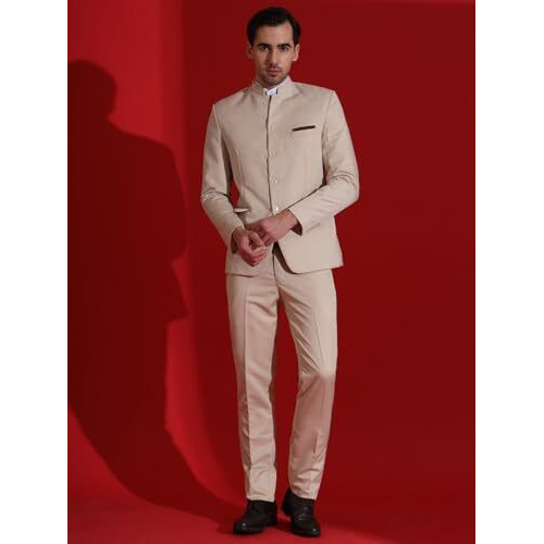 Tahvo Men's 2-Piece Suit Set | Self Designed Regular Fit Bandhgala Blazer With Trouser For Men | Jodhpuri Suit For Formal Events & Weddings (Beige - 36)