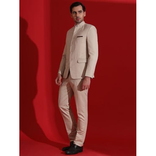 Tahvo Men's 2-Piece Suit Set | Self Designed Regular Fit Bandhgala Blazer With Trouser For Men | Jodhpuri Suit For Formal Events & Weddings (Beige - 36)