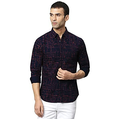 Dennis Lingo Men's Cotton Printed Slim Fit Casual Shirt (C791_Navy, Medium)