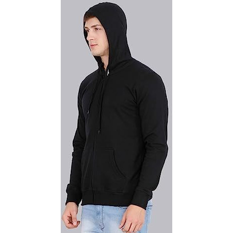 Fleximaa Men's Cotton Black Color Full Zipper Sweatshirt Regular Hoodies With Kangaroo Pocket L Size