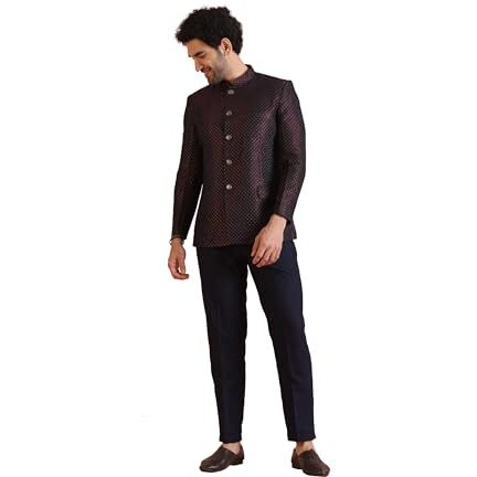 Kisah Men's Jodhpuri Bandhgala-Blazer Trouser Set, Magenta Silk Blend, Woven Design Regular Fit Mandarin Collar Long Sleeves (42)
