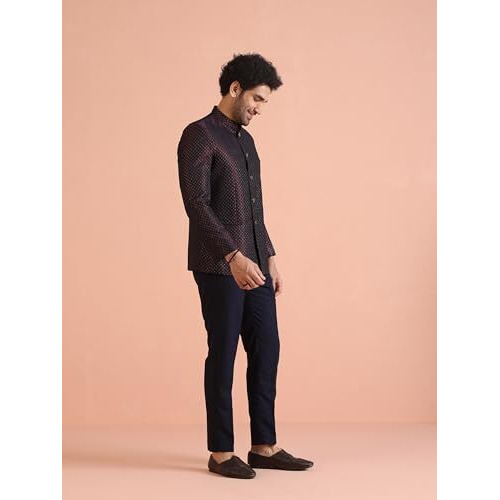 Kisah Men's Jodhpuri Bandhgala-Blazer Trouser Set, Magenta Silk Blend, Woven Design Regular Fit Mandarin Collar Long Sleeves (42)