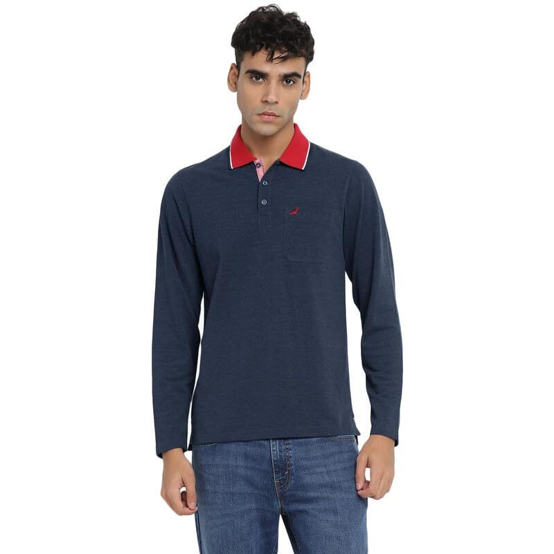 American Crew Full Sleeves Polo Collar T-Shirt With Pocket For Men (Ac874-S_Navy Melange)