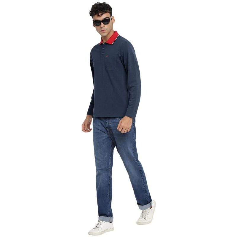 American Crew Full Sleeves Polo Collar T-Shirt With Pocket For Men (Ac874-S_Navy Melange)